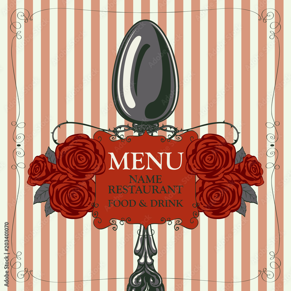 Poster vector template menu for restaurant with realistic spoon and red barbed roses in figured frame with 