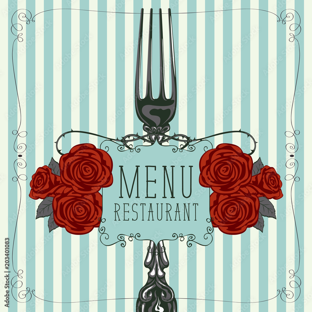 Poster vector template menu for restaurant with realistic fork and red barbed roses in figured frame with c
