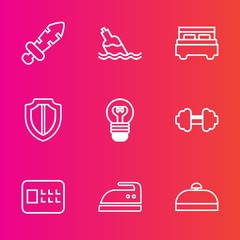 Premium set with outline vector icons. Such as fitness, gym, safety, bedroom, bank, exercise, sport, bulb, suitcase, sword, bottle, housework, liquid, electricity, bag, battle, blade, iron, drink, war