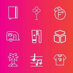 Premium set with outline vector icons. Such as book, tropical, object, musical, wind, cooler, typography, scale, nature, paper, transportation, page, clean, tshirt, rotation, cool, van, brush, sound