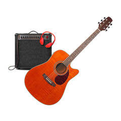 Music and sound - Orange acoustic guitar, amplifier, headphone and cable front view isolated