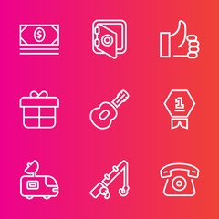 Premium set with outline vector icons. Such as box, up, music, fishing, winner, good, concept, protection, telephone, banking, decoration, hand, secure, present, white, cash, success, rod, place, cell