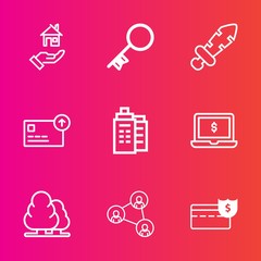 Premium set with outline vector icons. Such as bank, medieval, business, buy, coin, estate, real, security, blade, landscape, laptop, money, house, display, safe, unlock, sign, communication, sword