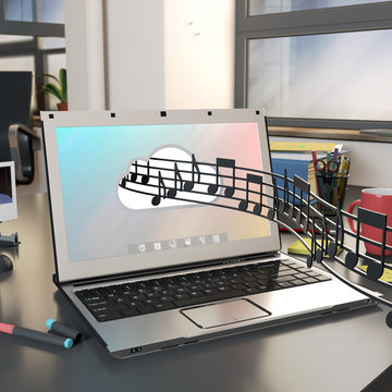music streaming concept, music popping out from computer in an office