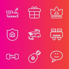 Premium set with outline vector icons. Such as decoration, celebration, protect, property, transportation, business, queen, home, workout, message, fast, white, bubble, guitar, delivery, protection
