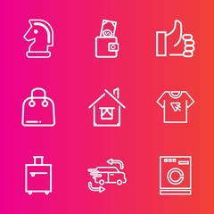 Premium set with outline vector icons. Such as modern, dollar, architecture, success, game, building, challenge, car, washer, housework, good, money, travel, strategy, buy, piece, typography, hand, up