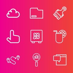 Premium set with outline vector icons. Such as safety, lock, document, magnifying, banking, safe, chat, cold, party, point, business, summer, alcohol, file, sign, click, destination, security, travel