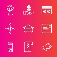 Premium set with outline vector icons. Such as sky, taxi, basket, hotel, sale, old, retro, balloon, finance, stereo, music, purse, tape, loudspeaker, gardening, garden, speaker, agriculture, money