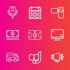 Premium set with outline vector icons. Such as tripod, singer, football, bus, sing, entertainment, karaoke, speaker, sea, soccer, song, cash, time, video, camera, digital, snorkel, summer, bank, mask
