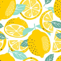 Glasschilderij Citroen Naadloos zomerpatroon met plakjes en hele citroenen. Vector illustratie.