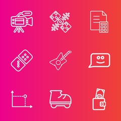 Premium set with outline vector icons. Such as global, banking, beautiful, communication, science, business, leisure, tripod, movie, fun, camera, smile, domino, chat, geometry, game, money, sign, row