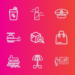 Premium set with outline vector icons. Such as tropical, ship, umbrella, pink, helicopter, alcohol, vessel, fashion, sailor, businessman, drink, business, boat, sea, captain, color, transportation