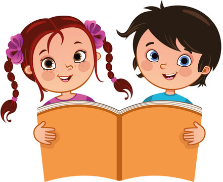 Vector illustration of girl and a boy holding a large book.