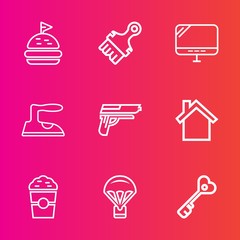 Premium set with outline vector icons. Such as computer, firearm, ironing, dinner, mobile, iron, coffee, clothes, drink, key, gun, sky, white, door, extreme, laptop, housework, jump, food, bread, meat