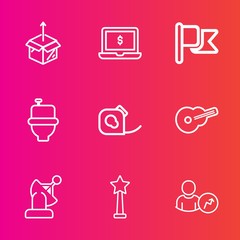 Premium set with outline vector icons. Such as monitor, box, carton, house, cardboard, screen, success, earth, usa, musical, computer, bathroom, shipping, space, business, guitar, new, toilet, account