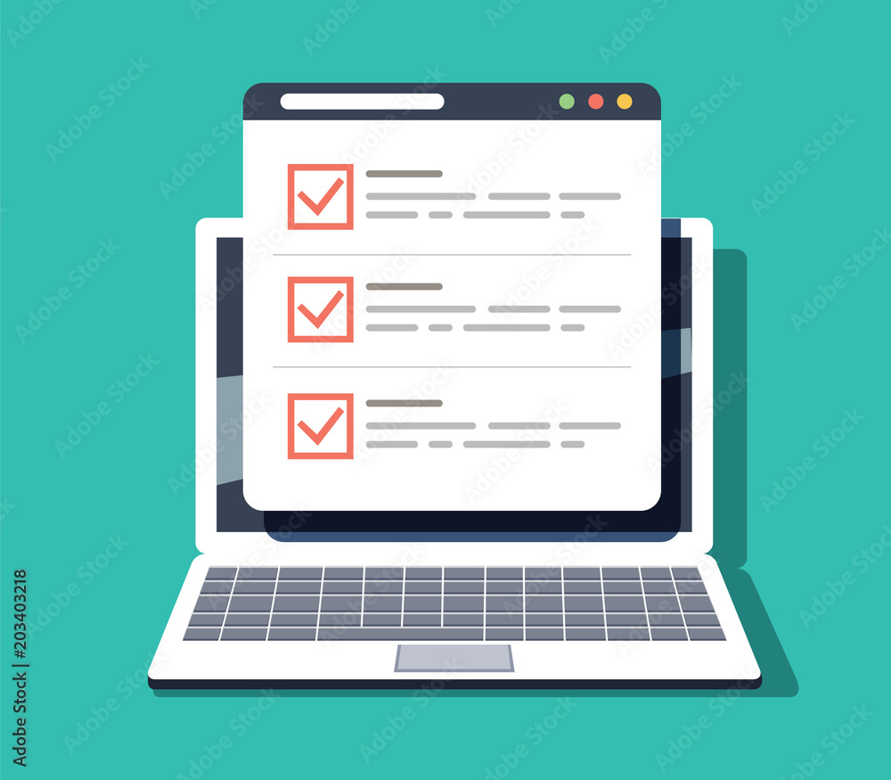 Poster checklist browser window. check mark. white tick on laptop screen. choice, survey concepts.