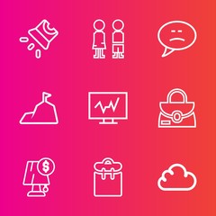 Premium set with outline vector icons. Such as standing, boy, equipment, technology, cinema, young, bag, nature, message, doctor, speech, lamp, light, person, pretty, leather, projector, screen, film