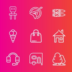 Premium set with outline vector icons. Such as call, technology, ice, forest, room, musical, dessert, fashion, bullet, string, nature, home, seat, furniture, headset, car, interior, military, chair