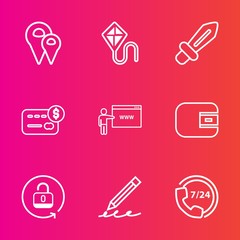 Premium set with outline vector icons. Such as education, go, fun, happy, bank, help, money, security, protection, pen, joy, finance, kite, knight, write, service, lock, leisure, city, wallet, hand