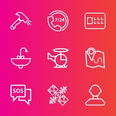 Premium set with outline vector icons. Such as center, equipment, construction, internet, emergency, help, communication, lock, faucet, air, transport, safety, map, location, phone, sink, shovel, bank