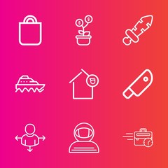 Premium set with outline vector icons. Such as space, food, celebration, direction, knight, cosmonaut, kitchen, science, road, computer, tree, place, finance, present, sword, sea, giving, people, ship