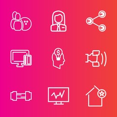 Premium set with outline vector icons. Such as technology, cell, credit, gym, web, pin, business, strike, employer, idea, internet, apartment, favorite, share, game, sign, office, job, home, concept