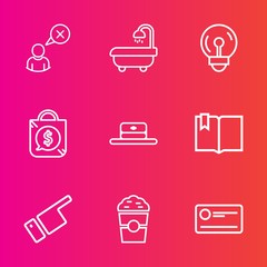 Premium set with outline vector icons. Such as book, bag, people, payment, finance, light, cancel, technology, price, network, modern, click, bulb, cup, energy, interior, sale, finger, fashion, home