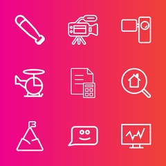 Premium set with outline vector icons. Such as nature, baseball, team, mountain, recreation, real, microphone, media, face, sport, chat, tripod, movie, air, landscape, retro, camera, banking, doctor