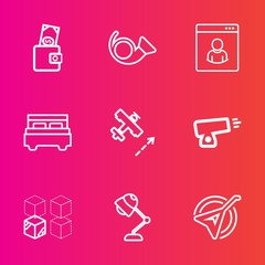 Premium set with outline vector icons. Such as bed, trumpet, wallet, male, electricity, profile, military, cardboard, jazz, business, aircraft, internet, double, interior, package, brass, replacement