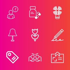Premium set with outline vector icons. Such as festival, clock, personal, label, nature, pen, lighthouse, light, office, work, carnival, holiday, beacon, spring, floral, tag, blossom, education, write