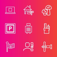 Premium set with outline vector icons. Such as personal, work, business, mortgage, flag, internet, food, military, plan, office, sign, real, baggage, nation, nature, equipment, luggage, user, national