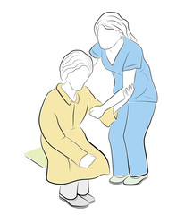 a young woman helps raise an elderly woman. health care. care for the elderly. vector illustration.