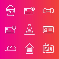 Premium set with outline vector icons. Such as customer, balance, finance, radio, food, cap, hat, money, sport, card, identity, fashion, signal, step, bank, supermarket, antenna, identification, up