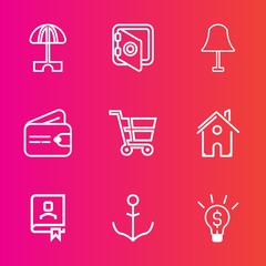 Premium set with outline vector icons. Such as interior, safety, secure, money, lamp, trolley, umbrella, parasol, cash, business, estate, concept, house, contact, book, helm, retail, purse, safe, shop