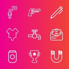 Premium set with outline vector icons. Such as tin, achievement, handgun, business, tap, faucet, message, mail, communication, bathroom, pen, award, pencil, metal, gun, place, girl, science, chat, can