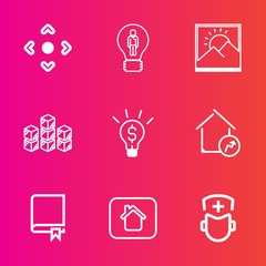 Premium set with outline vector icons. Such as building, inspiration, factory, innovation, border, medicine, study, image, encyclopedia, idea, frame, library, business, storehouse, photo, computer