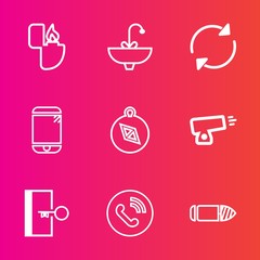 Premium set with outline vector icons. Such as north, south, liquid, sign, light, object, faucet, technology, equipment, chrome, smoke, arrow, refresh, flame, touchscreen, fire, white, escape, phone