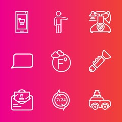 Premium set with outline vector icons. Such as bag, suitcase, envelope, luggage, telephone, showing, sign, support, female, hand, service, travel, jazz, young, scale, shop, thermometer, people, speech