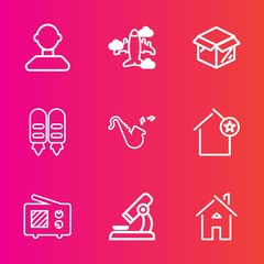 Premium set with outline vector icons. Such as bugle, airplane, person, house, air, communication, radio, aircraft, microscope, musical, favorite, apartment, new, aviation, jazz, architecture, estate