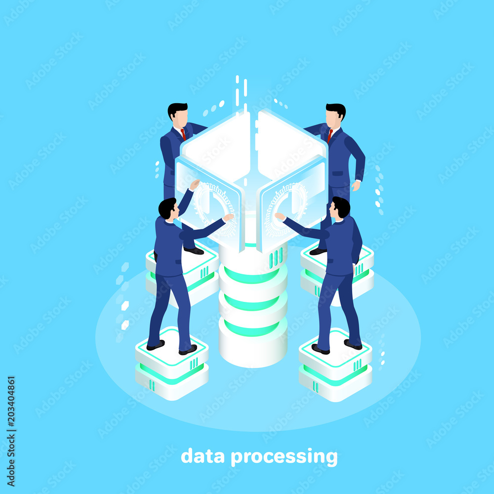 Poster men in business suits work in a futuristic setting with data processing servers, an isometric image
