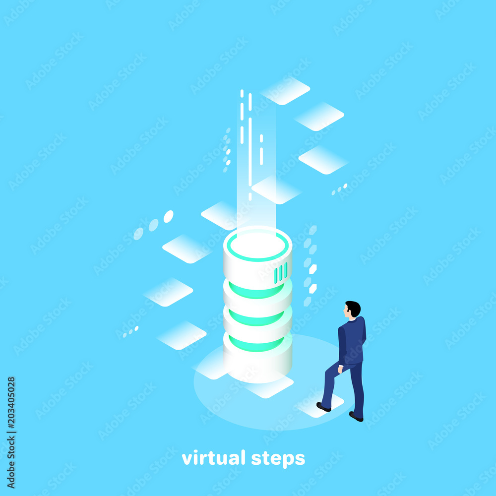 Poster a man in a business suit rises up the virtual ladder around the server for data processing, an isome