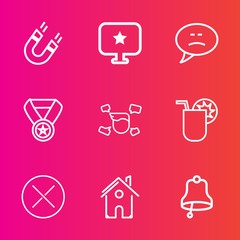 Premium set with outline vector icons. Such as glass, attraction, web, cocktail, male, pole, education, bell, star, field, talk, building, computer, man, boy, trophy, estate, prize, communication, win