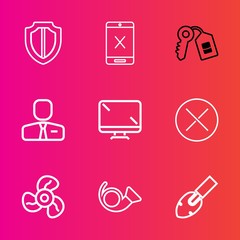 Premium set with outline vector icons. Such as musical, cancel, cool, people, trumpet, shield, jazz, fan, electric, construction, bugle, screen, tv, connection, employee, equipment, protection, wire