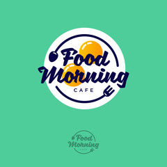 Food Morning logo. Breakfast cafe emblem. Fried eggs fork and spoon on a green background. Typography. Lettering design.