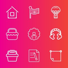 Premium set with outline vector icons. Such as message, national, note, park, web, flag, account, construction, basket, audio, sky, parachute, business, architecture, stick, estate, document, mobile