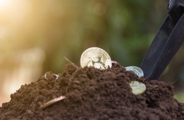 Coins bitcoins buried in dug up from the soil. Bitcoin is the most popular crypto currency in the...