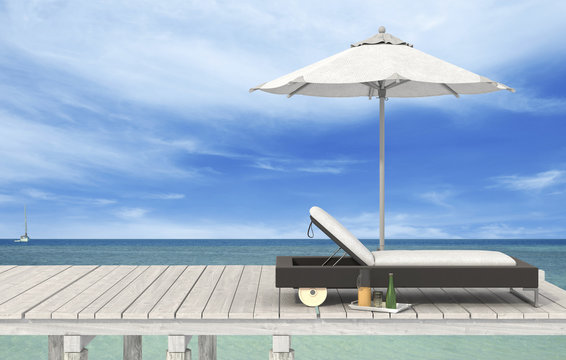3D rendering of the beach lounge - sundeck on sea view for vacation.
