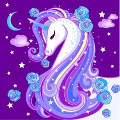 A beautiful unicorn with a long mane, on a purple background. Vector illustration © Zerlina