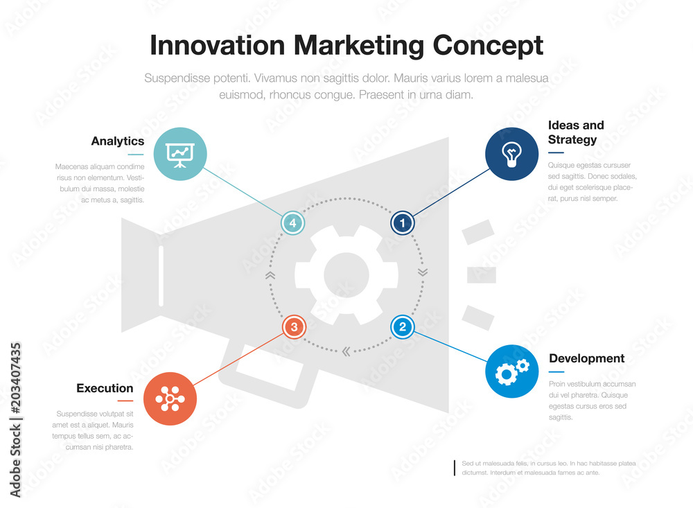 Poster Vector infographic for innovation marketing concept visualization template with megaphone and gear as main symbol, isolated on light background. Easy to use for your website or presentation.