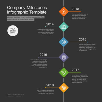 Vector infographic for company milestones timeline template with colorful rhombus and line icons isolated on dark background. Easy to use for your website or presentation.